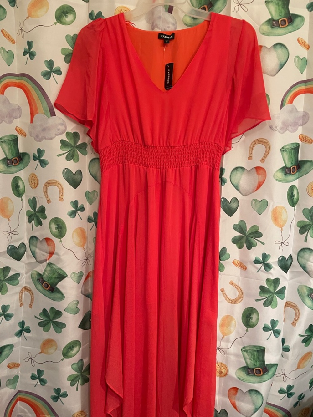 Express Coral Asymmetrical V-Neck Chiffon Dress